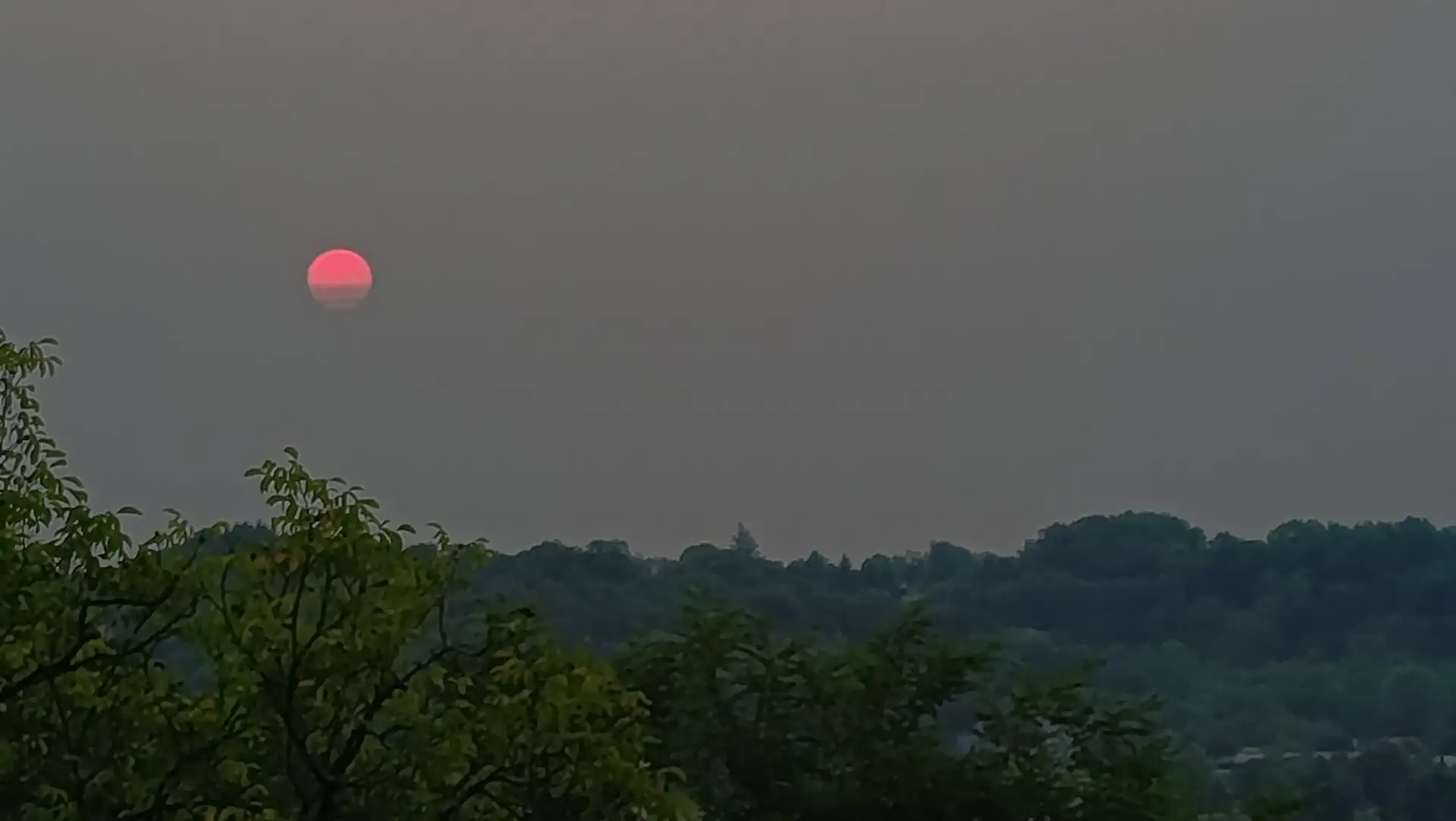 Soleil rouge sang quasi parfaitement rond se couchant dans un ciel gris brumeux au-dessus de la ligne d'arbres du Périgord, depuis La Fontaine du Mas — phénomène de diffusion atmosphérique par particules de fumée ou brume dense