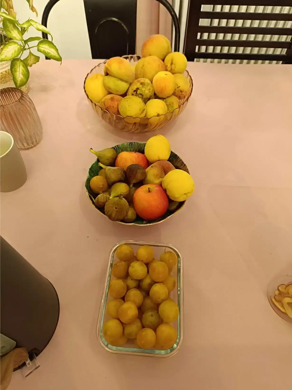 Trois coupelles de fruits du jardin de La Fontaine du Mas sur la table du petit-déjeuner : abricots et pêches jaunes dans un saladier en verre, figues vertes et pomme rouge dans un bol vert, et mirabelles dans une boîte en verre rectangulaire, nappe rose pâle