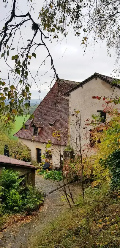 Vue d'ensemble de La Fontaine du Mas en automne depuis l'allée pavée : façade ancienne aux tuiles brunes entourée d'arbres aux couleurs dorées et rouges, feuilles mortes sur les dalles, ciel couvert et vallée verte en arrière-plan