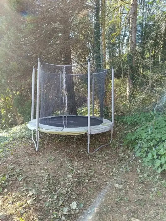 Trampoline avec filet de sécurité installé dans le sous-bois du jardin de La Fontaine du Mas, entouré de conifères et de lierre