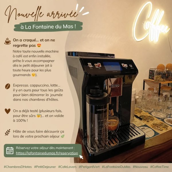 ☕️ Nouvelle arrivée à La Fontaine du Mas !

On a craqué… et on ne regrette pas 😍
Notre toute nouvelle machine à café est